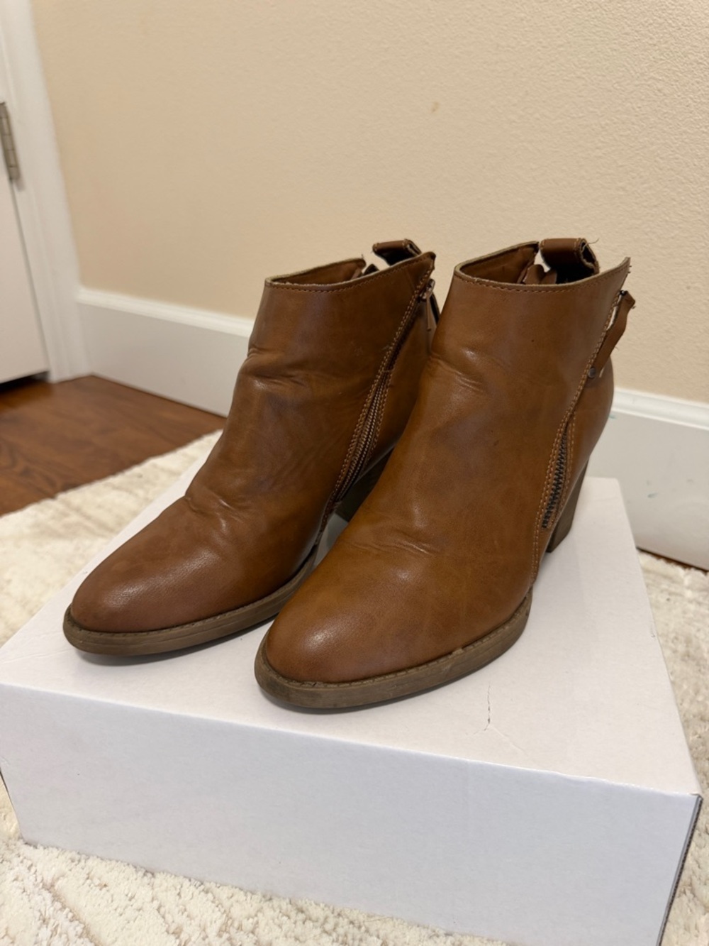 Brown Leather Ankle Booties with Side Zip